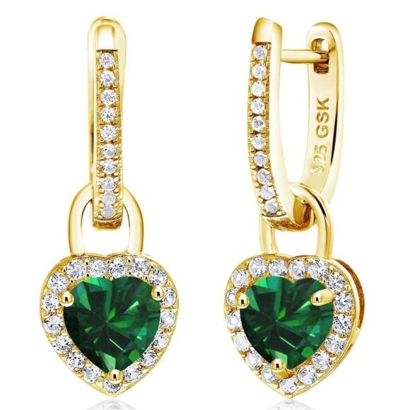 18K Yellow Gold 925 with 1.90 Cttw Emerald and White Sapphire Heart Earrings - Picture 1 of 4
